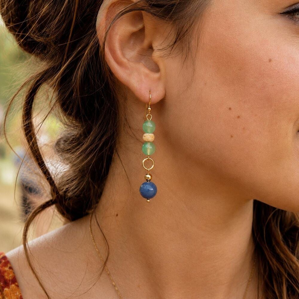 Blue Aventurine, Chrysoprase, & Coconut Shell Dangle Earrings, Gold Plated